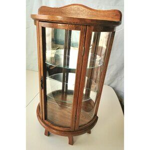 Vintage Wood Curio Cabinet Glass Door Half Round Includes 5 Vintage Figurines